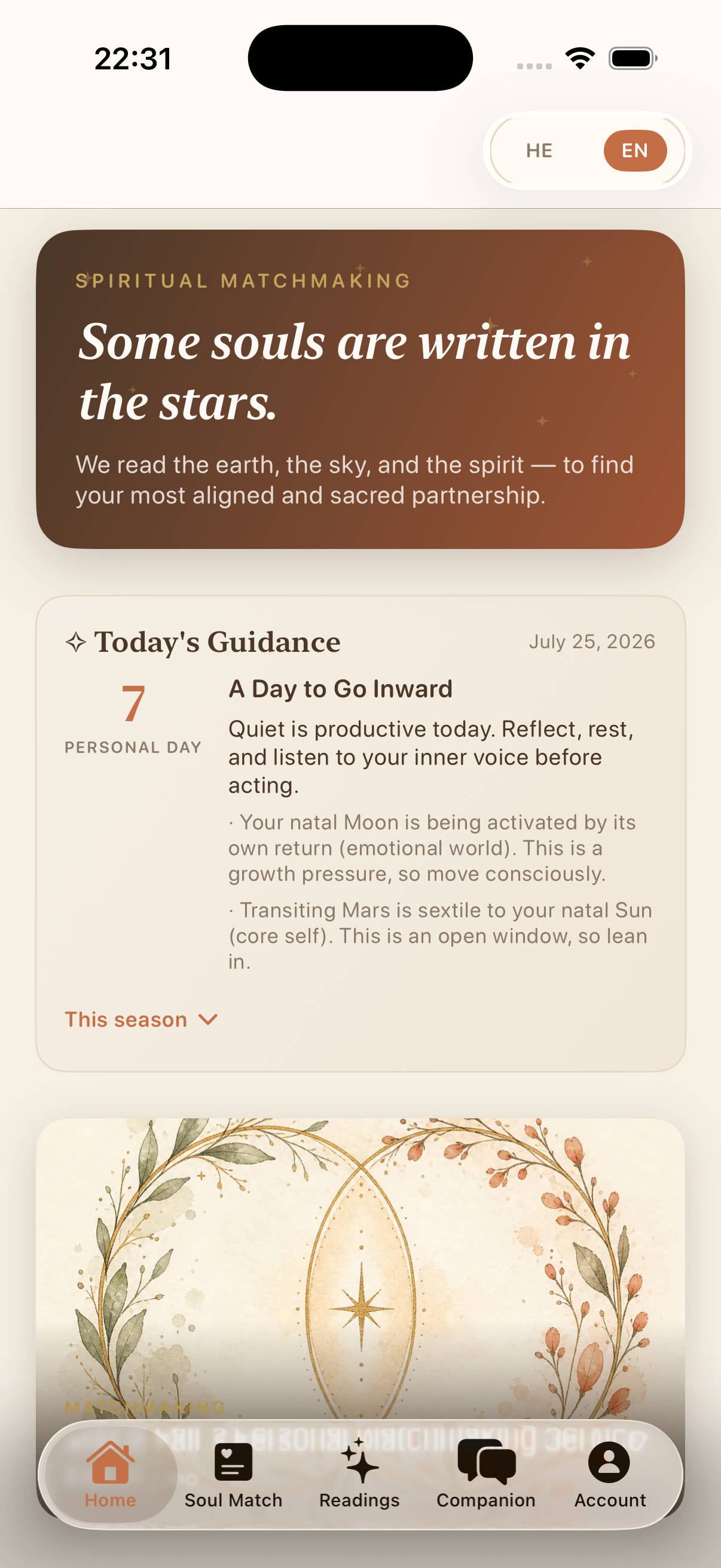 Divine Pair app — Home screen with daily guidance