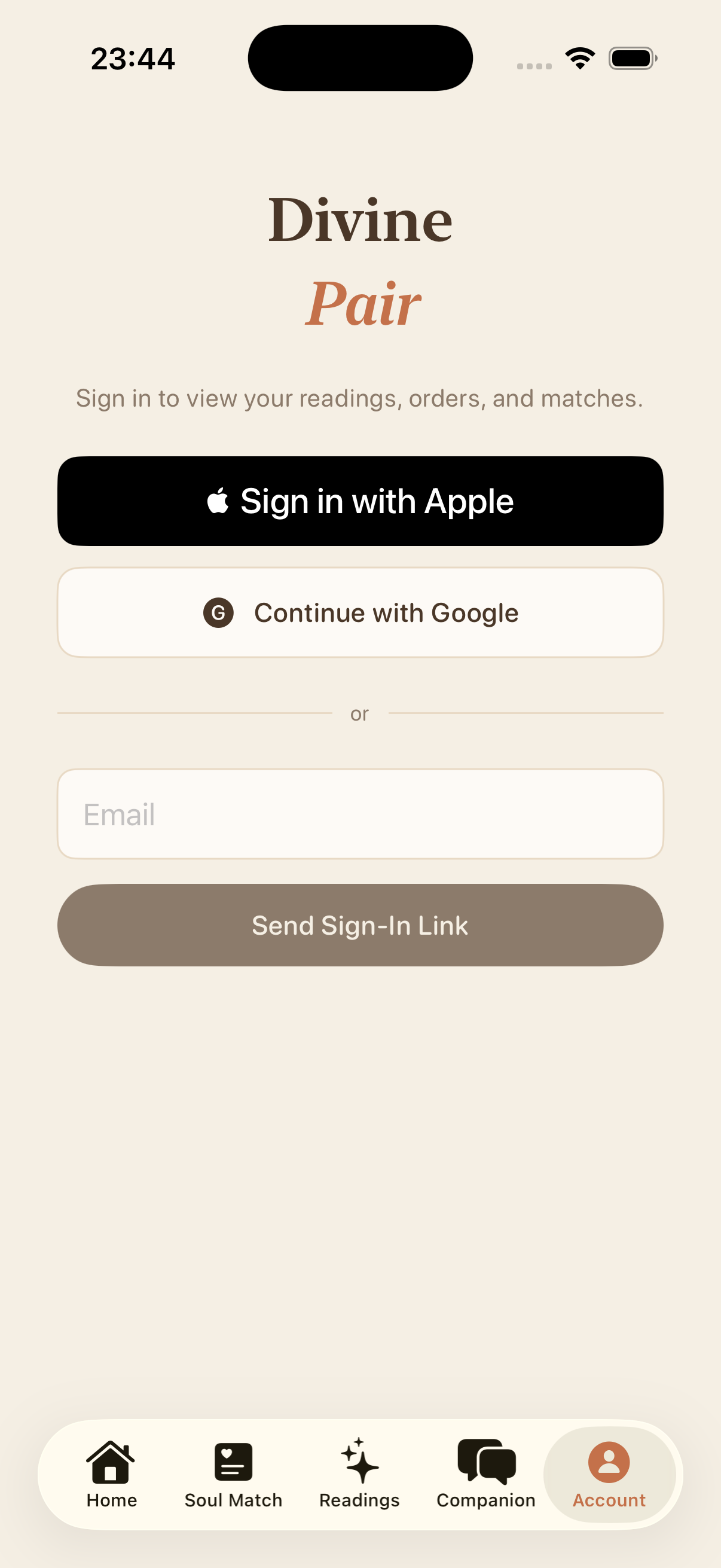 Divine Pair app — sign in with Apple or Google